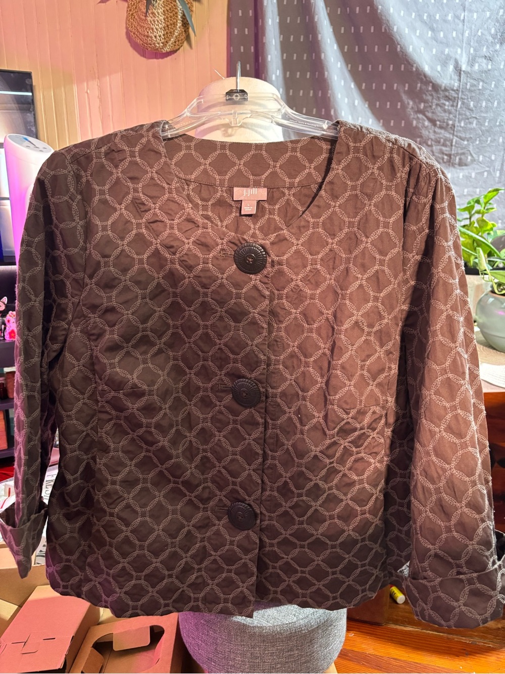 J. Jill Brown Circle Geometric Embroidered Cotton Jacket Size Large